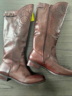 Gianni Bini Over-the-Knee Decorative Perforated Leather Boots in Brown